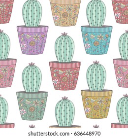 Cactus in ornamental pots seamless pattern. Hand drawn succulent background. Vector illustration