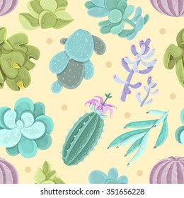 Cactus and other succulents seamless pattern for decoration on yellow background flat vector illustration 