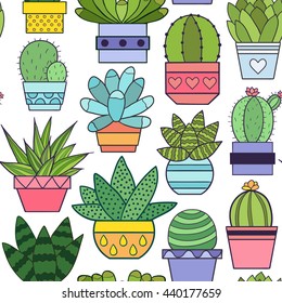 Cactus and other succulents seamless pattern vector illustration
