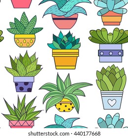 Cactus and other succulents seamless pattern vector illustration