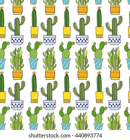 Cactus and other succulents seamless pattern vector illustration