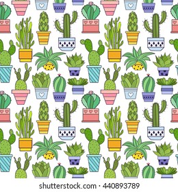 Cactus and other succulents seamless pattern vector illustration