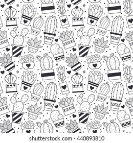 Cactus and other succulents seamless pattern vector illustration