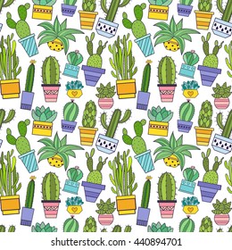 Cactus and other succulents seamless pattern vector illustration