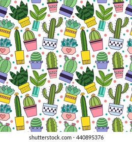 Cactus and other succulents seamless pattern vector illustration