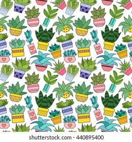 Cactus and other succulents seamless pattern vector illustration