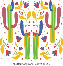 Cactus Otomi-Style Textile Pattern in Nature