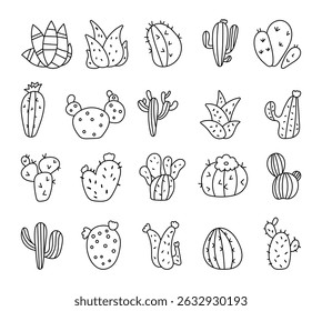 Cactus outline line art set, natural decorative plants and charming botanical elements for your illustrations, creative designs projects and relaxing nature inspired compositions