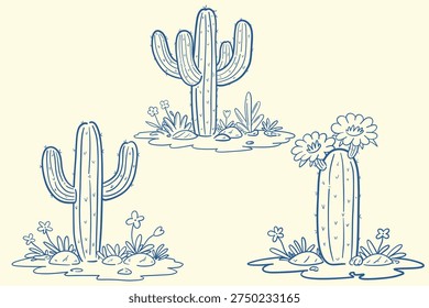 Cactus outline set with desert plants and flowers in childlike hand drawn style