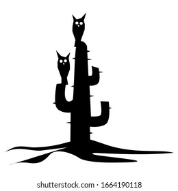 Cactus owl at night vector illustration silhouette 