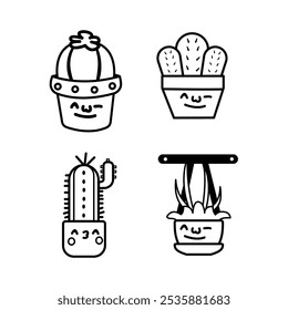 Pacote CACTUS com um rosto no pote com um toque de preto e preto, adequado para uso como um padrão para roupas infantis com um tema de natureza em sua empresa