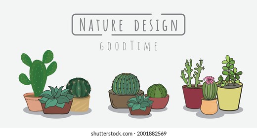 cactus painting Set, Indoor and outdoor landscape garden potted plants isolated on white, Vector set cactus in the pot.