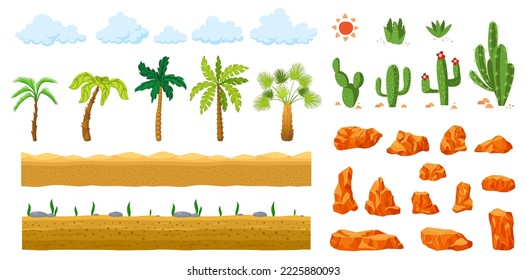 Cactus, palm tree, desert landscape elements. Sand nature grounds, rocks and stones, cartoon solid cliffs . Clouds and green succulents, south hot climate vector set