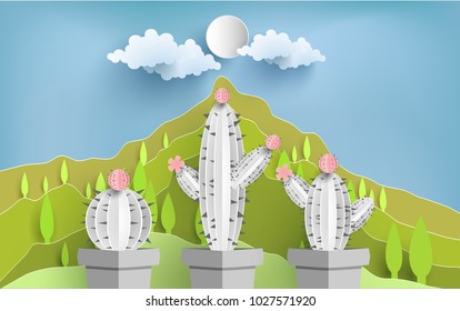 cactus with paper art design. background with blue sky view
