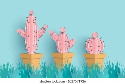 cactus with paper art design. cactus with pink color. background with pastel blue.