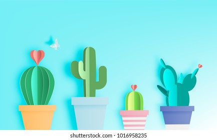 Cactus in paper art style or digital craft vector illustration