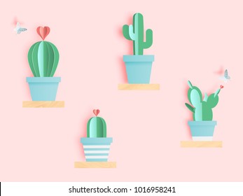 Cactus in paper art style or digital craft vector illustration