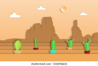 Cactus in paper art style or digital craft with layered sand desert and western american desert mountains background vector illustration
