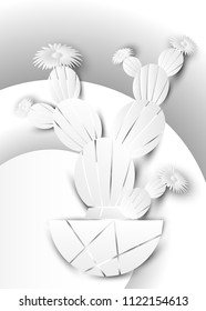 Cactus in paper cut art style or digital craft vector illustration white color 