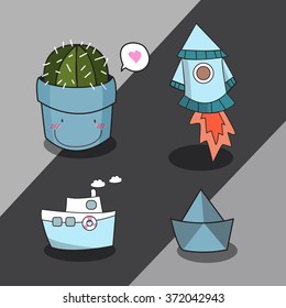 cactus, paper sail, yacht and spacecraft in 2D flat design