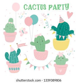 Cactus party, cute cactus and birthday elements, balloons and bunting vector illustrations, created in a pastel colour palette.