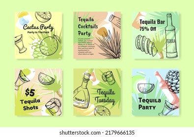 Cactus party tequila cocktails promo poster set engraved vector illustration. Traditional Mexican alcohol drink festival holiday event invitation placard collection. Mexico bar pub beverage celebrate