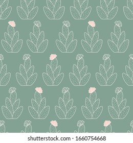 Cactus pattern background in green and pink. Vector seamless repeat of a desert plant.