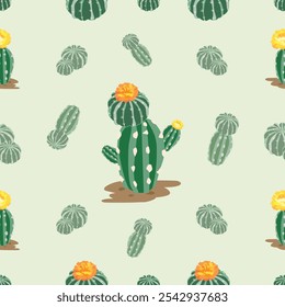 Cactus Pattern with Blooming Flowers showcases various green cactus plants adorned with vibrant yellow and orange blooms. Ideal for use in textiles, wallpapers, or as decorative graphics.