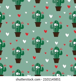 Cactus pattern - cute cartoon cactus and hearts on green backround. Good for wrapping paper, textile print, wall paper and other decoration.