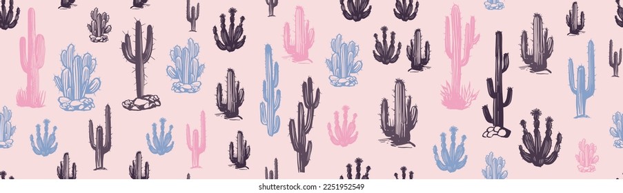 Cactus pattern, hand drawn illustrations, vector.