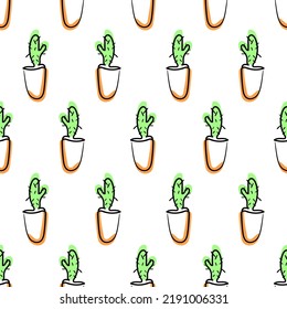 Cactus pattern. Hand drawn cactus, line art design on a pattern for textile, wallpaper, web.Doddle pattern