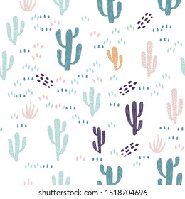 Cactus Pattern Hand Drawn Vector Illustration. Cactus Print for Children Apparel Design, Feminine Nature Inspired Wallpaper or Textile Seamless Background.