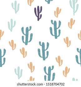 Cactus Pattern Hand Drawn Vector Illustration. Cactus Print for Children Apparel Design, Feminine Nature Inspired Wallpaper or Textile Seamless Background.