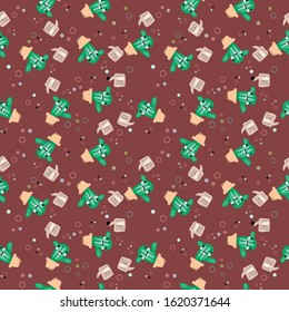 Cactus pattern. Image of a cactus character with repeated pot. Editable vector.