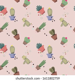 Cactus pattern. Image of a cactus with repeated pot. Editable vector.