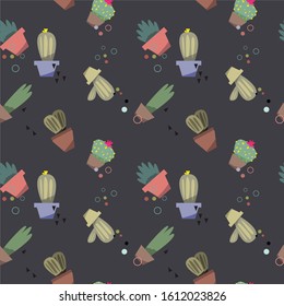Cactus pattern. Image of a cactus with repeated pot. Editable vector.