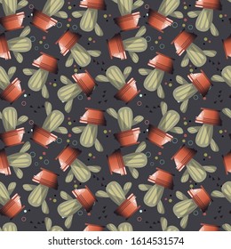 Cactus pattern. Image of a cactus with repeated pot. Editable vector.