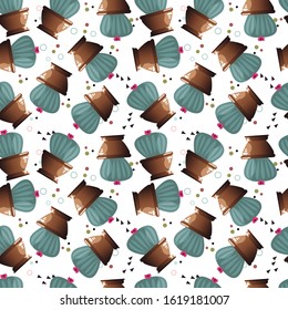 Cactus pattern. Image of a cactus with repeated pot. Editable vector.