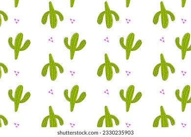 Cactus pattern, prickly green cacti on a white background. Pattern, seamless pattern with cute green Mexican cacti.