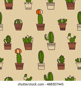 Cactus Pattern / Seamless Background with Cactus and succulent in Pot