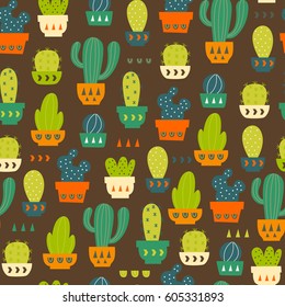 Cactus Pattern / Seamless Background with Cactus and succulent in Pot