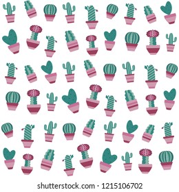Cactus pattern. Seamless background with succulents in flowerpots. Potted cacti for wrapping paper and print on textile or fabric.