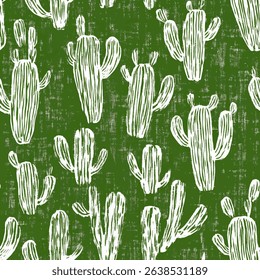 Cactus pattern, seamless, green background, hand-drawn lines on linen fabric print pattern, cotton, silk, vector illustration, doodle summer, kids and baby designs for print fabric.