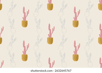 Verão de padrão de cacto, padrão de vetor sem costura, padrão de tecido de cacto, estilo natural, adequado para várias impressões, lenços, roupas, almofadas, embalagem, padrão de garrafa de água.
