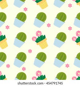 Cactus pattern vector background. Cute cacti, flowerpots. Seamless pattern with cute cacti.