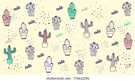 Cactus pattern. Vector cacti background. Cute cartoon cactus poster or banner on modern template easy editable for Your design. Trendy 80's and 90's style template easy editable for Your Design.