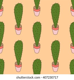 Cactus pattern in vector. Pattern with cartoon cactus on rose background