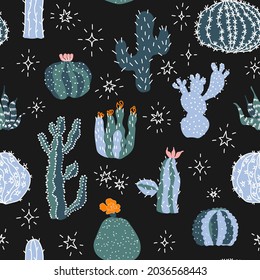 Cactus pattern. Vector desert plants and stars on black background.  Perfect for cards, wrapping paper, printing on the fabric, design package and cover