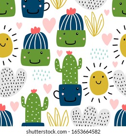 Cactus pattern vector illustration. Hand-drawn seamless of funny characters. Childish drawing cute botanical garden nursery style, good for baby, kids, and children fashion textile print.