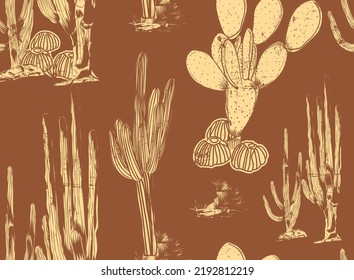 Cactus Patterns in desert vibes, Cactus seamless pattern. Sketchy style illustration. Succulent collection. Vector illustration, Various cactus collection. Vintage silhouette style illustration.